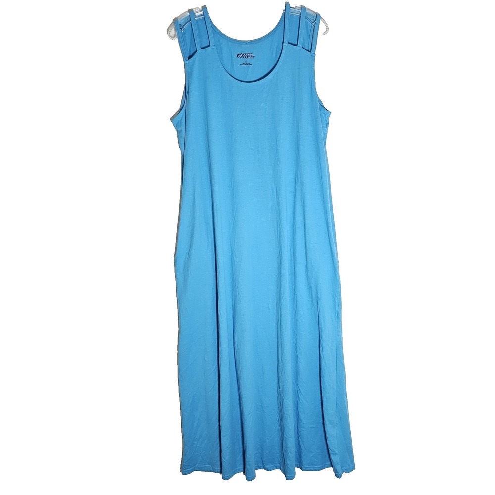 Cozee Corner Maxi Dress Womens 1X Blue Stretch Knit Side Pockets Modest Layering